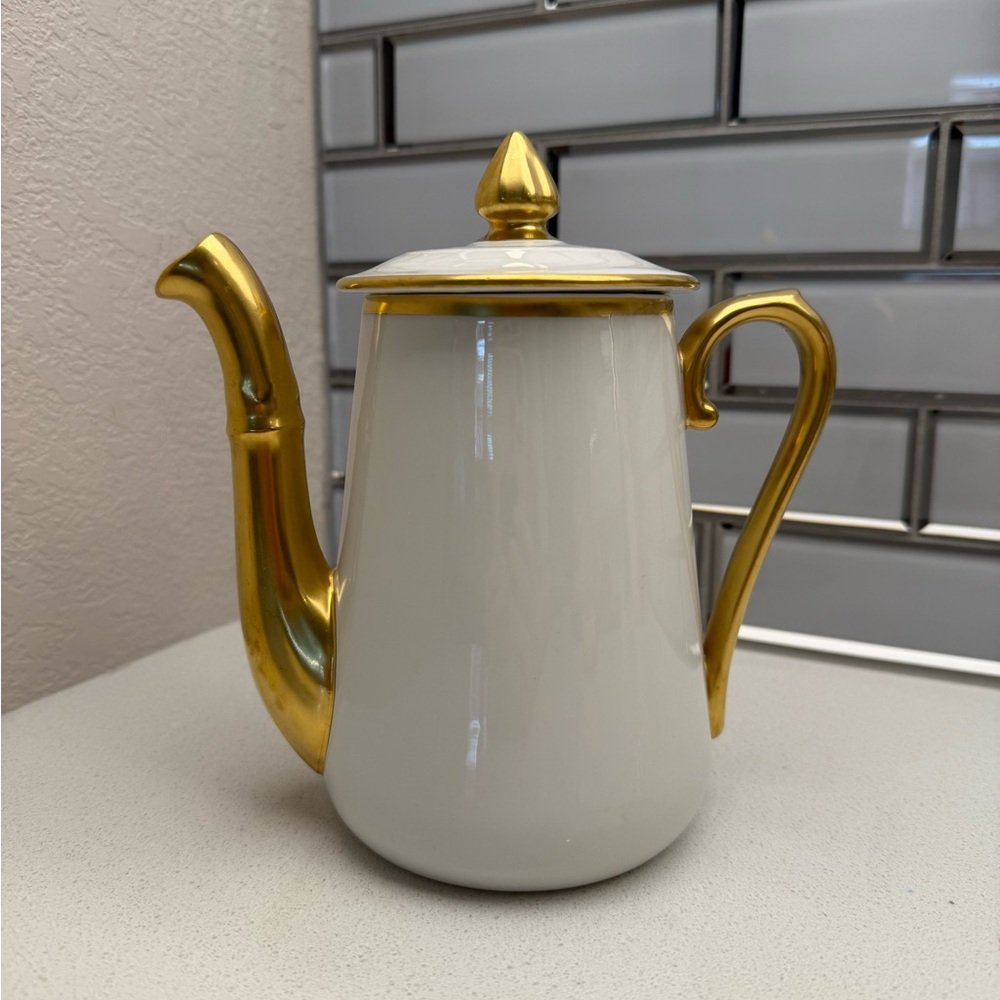 Vintage French Pilivite White Gold Porcelain Coffee Pot Teapot Mid-Century 1950s - Picture 4 of 16
